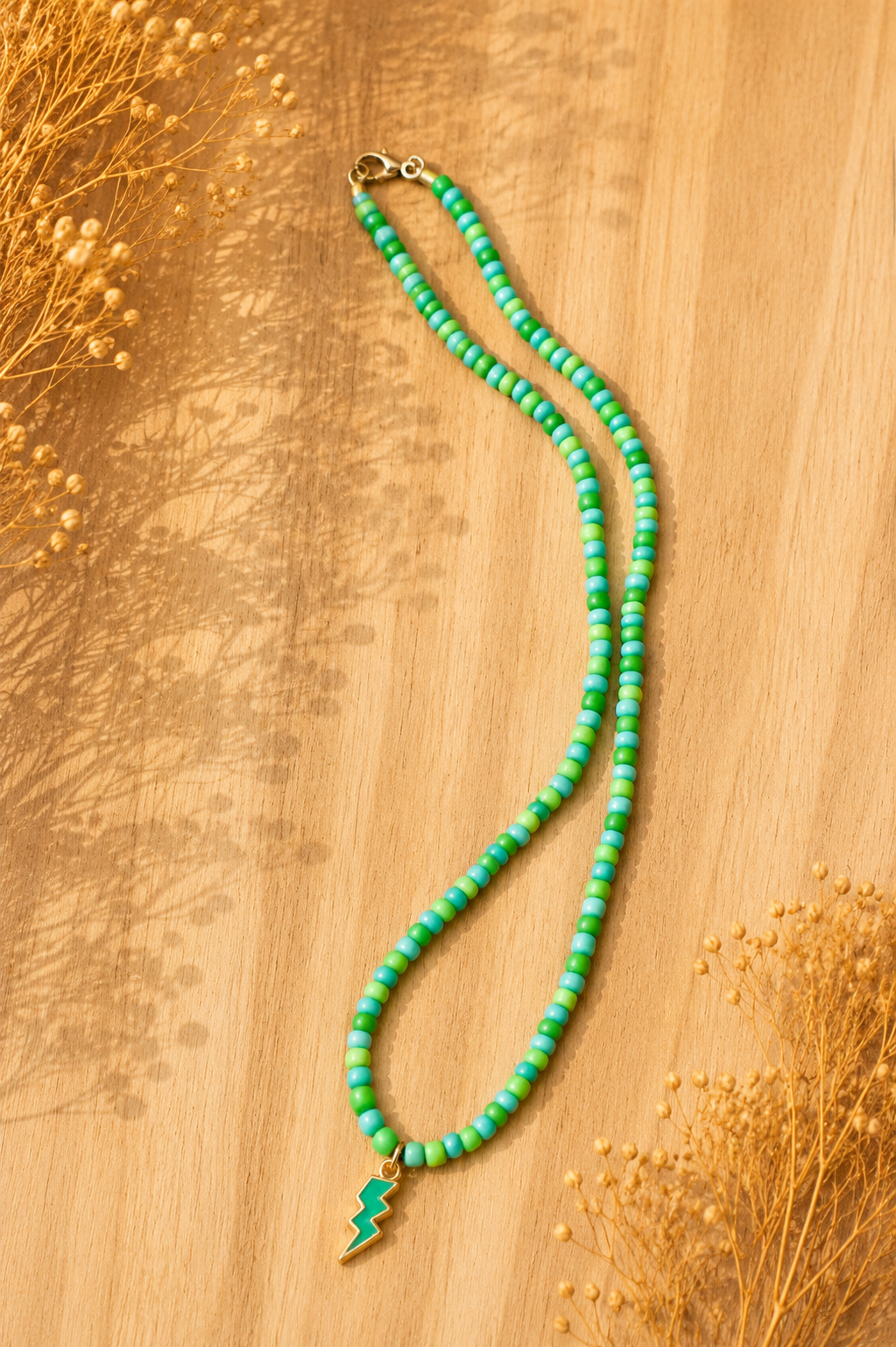 Green Lightning Bolt Beaded Necklace