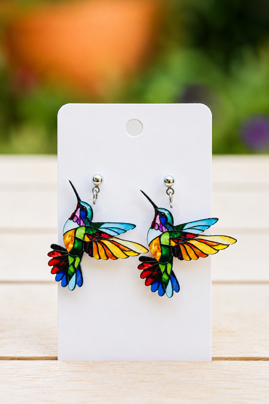 Stained Glass Hummingbird Drop Earrings
