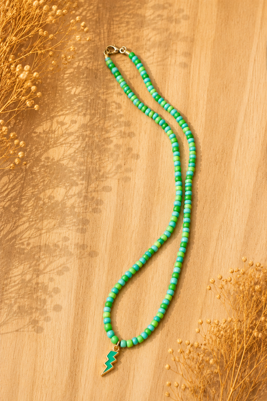 Green Lightning Bolt Beaded Necklace