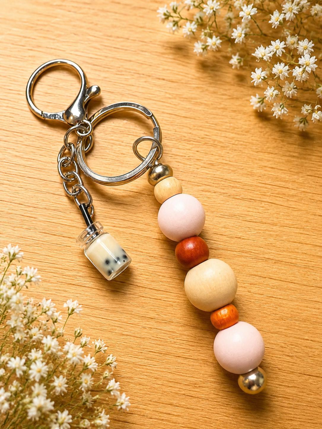 Bubble Tea Wooden Bead Keychain