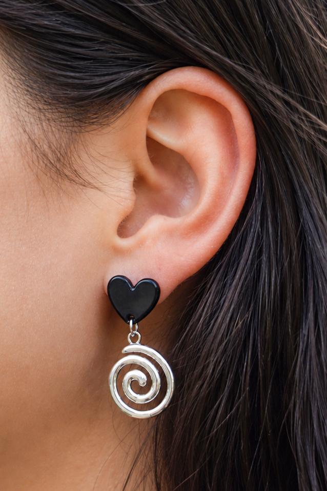 Black Heart & Silver Swirl Drop Earrings