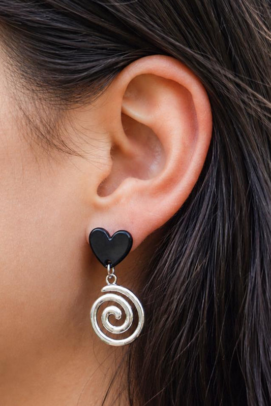 Black Heart & Silver Swirl Drop Earrings
