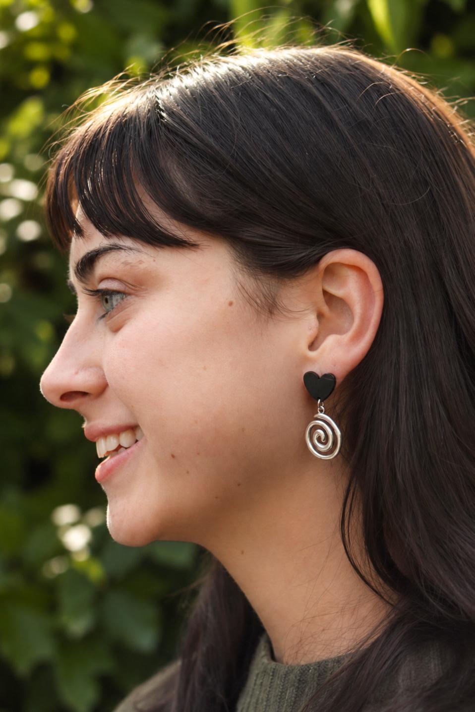 Black Heart & Silver Swirl Drop Earrings