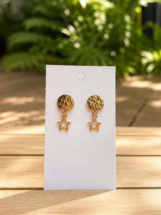 Gold Textured Disc & Star Drop Earrings
